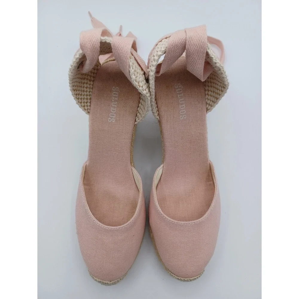 Soludos The Marseille Lace Up Wedge Espadrille PINK Ribbon Women's 5.5 Jute Heel